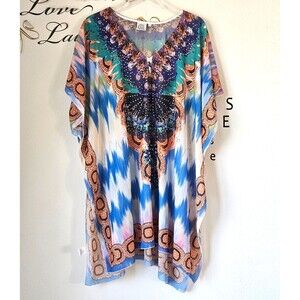 Kaftan Tunic Top Women OS Embellished Blue Beach Swim Cover-Up Bohemian Tie Dye